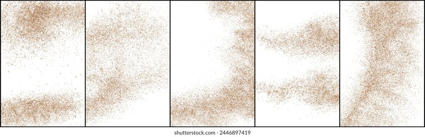 Coffee grain texture set collection brown beige powder dust particle splash scattered spray isolated on white background. Natural organic ingredient ground espresso. Realistic detail vector illustration