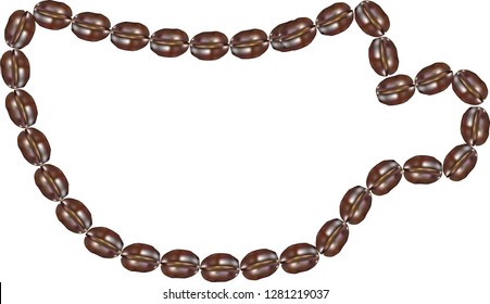 Coffee grains are arranged in the form of a cup of coffee on a white background for websites about food, for cafes, can be used as a pattern for t-shirts.