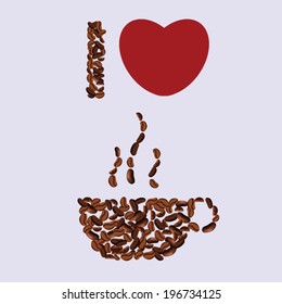 Coffee grains cup and heart  vector illustration