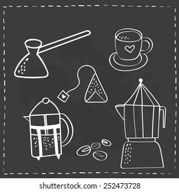 coffee grains, coffee, cup of tea, tea bag, black background, sketch