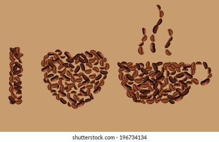Coffee grains heart  and cup vector illustration