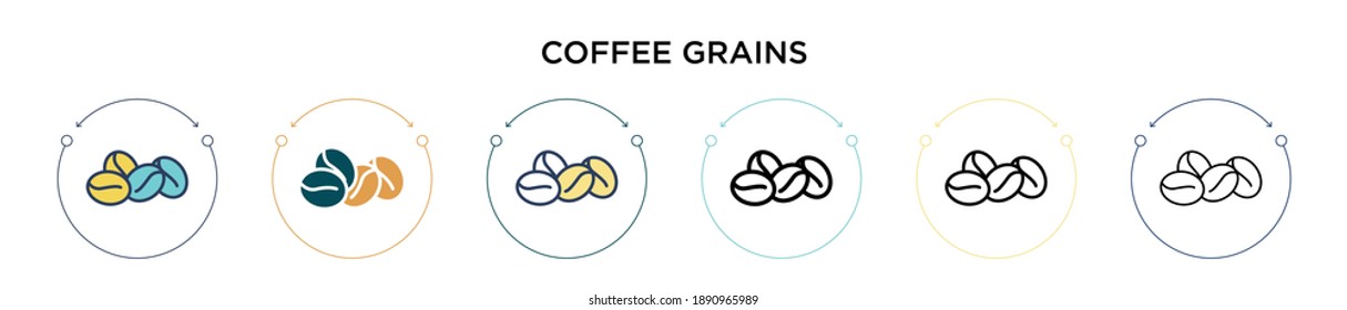 Icono de granos de café con estilo relleno, delgado, contorno y trazo. Ilustración vectorial de dos granos de café de color y negro diseños de iconos vectoriales se pueden utilizar para móviles, ui, web