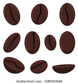 Coffee grains icon set isolated on white background. Roasted brown fresh coffe beans - arabica, robusta varieties. Front, side, top view. Vector flat design cartoon style food and drink illustration.