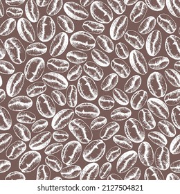 Coffee grains on brown background seamless pattern. Coffee background print for packaging or coffee shop