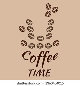 Coffee grains paisley pattern in warm brown colors. Coffee cup shape and text Coffee Time. Vector drawing for packaging, advertising, background design, cafe menu, restaurant.