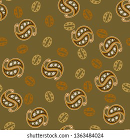 Coffee grains paisley pattern in warm brown colors. Seamless vector pattern for packaging, advertising, background design, coffee house, restaurant.