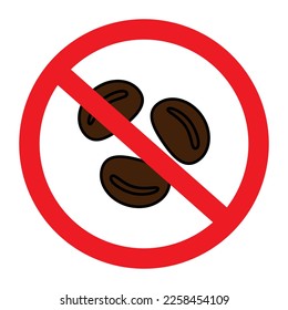 Granos de café bajo la prohibición. Descafeinado. Imagen de un signo de prohibición con granos de café. Pegatina