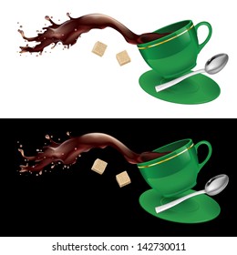Coffee in green cup. Illustration on white and black background