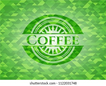 Coffee green emblem with triangle mosaic background