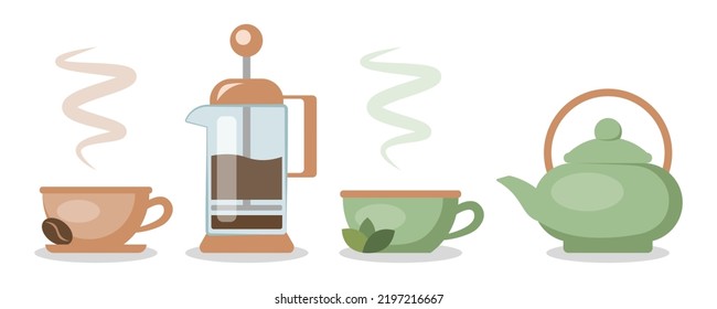 Coffee and green tea. Cups, teapot and French press set isolated vector. Crockery elements vector collection. Steam from a cup containing a hot drink. Green and orange cups. 