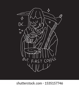 Coffee Grim Reaper Line Graphic Illustration Vector Art T-shirt Design