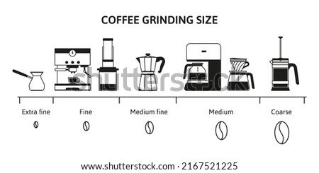 Coffee grind size chart. Beans grinding guide for different brewing methods. Fine, medium and coarse grinds infographic vector illustration of coffee grind chart, drink caffeine