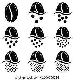 Coffee grind size chart grains icon set isolated on white background. Black and white coffee beans -  infographic elements of level grinding degree. Vector flat, simple drink design illustration.