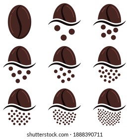 Coffee Grind Size Chart Grains Icon Set Isolated On White Background. Roasted Brown Coffee Beans -  Infographic Elements Of Level Grinding Degree. Vector Flat Style Drink Design Illustration.