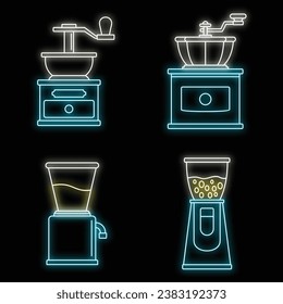 Coffee grinder appliance icon set. Outline set of coffee grinder appliance vector icons neon color on black