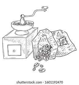 Coffee grinder with a bag of coffee beans icon. Vector illustration of a fabric bag of coffee beans and a coffee grinder.