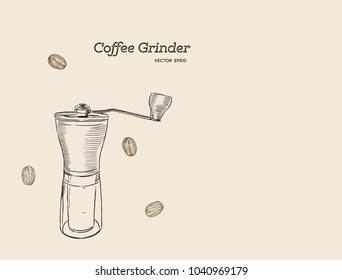 Coffee Grinder and coffee bean , hand draw vector.