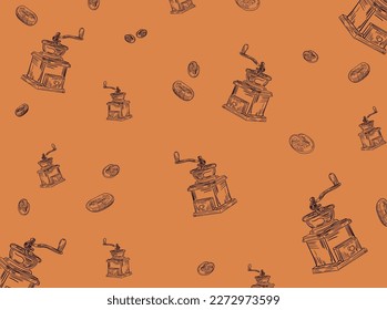 Molino de café con judías, fondo en una cafetería, diseño de una cafetería.