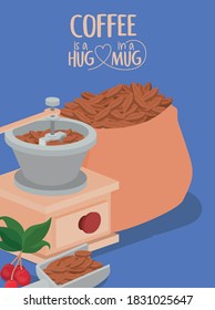 coffee grinder beans bag berries and leaves design of drink caffeine breakfast and beverage theme Vector illustration