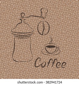 Coffee grinder,  beans, cup on burlap background
