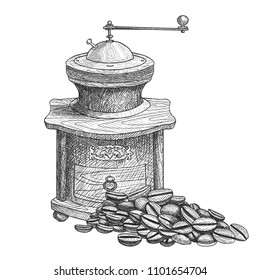 Coffee grinder and coffee beans. Hand drawn vector illustration for menu design.