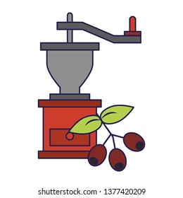 Coffee grinder with coffee beans and leaves blue lines