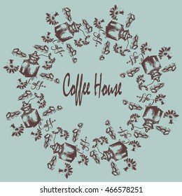 Coffee grinder and coffee beans vector logo design template. Illustration of a coffee house labels.