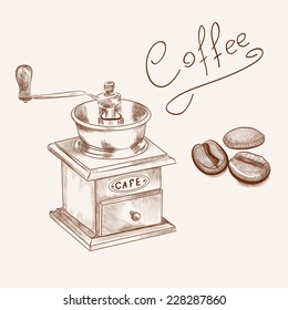 coffee grinder with beans.vector sketches 