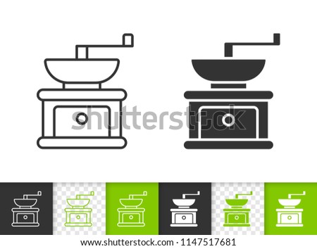 Coffee Grinder black linear and silhouette icons. Thin line sign of hand grind. Bean Mill outline pictogram isolated on white, green, transparent. Vector Icon of Coffee Grinder simple symbol closeup