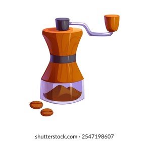 Molinillo de café o molino de rebabas para bebida del proceso de cocción, ícono de Vector. Molino de molino de granos de café manual con mango, equipo de preparación de café o electrodoméstico de cocina y utensilios para hacer café