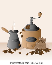 coffee grinder, cezve, coffee beans and bag