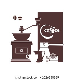 Coffee grinder, cezve, pitcher, cup, cinnamon and anise. Coffee house, cafe, cafeteria, pastry shop. Design element for the menu, flyer, advertising. Vector illustration.