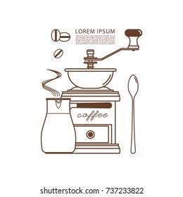 Coffee grinder, cezve, spoon and coffee beans. Linear icons. Vector illustration.
