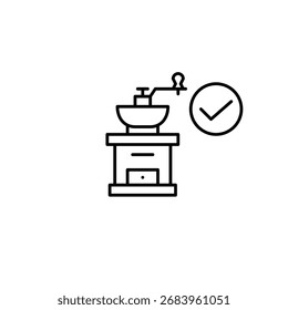 Coffee grinder and checkmark. Pixel perfect, editable vector icon