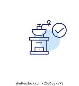Molinillo de café y marca de verificación. Icono de Vector perfecto y editable