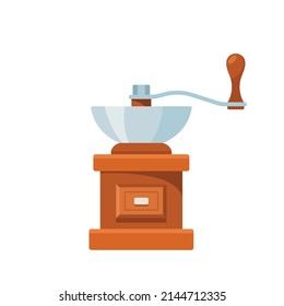 Coffee Grinder in Classic Style with Handle and Wooden Box Isolated on White Background. Kitchen Appliance, Household Equipment for Mill Coffee Beans, Making Drinks. Cartoon Vector Illustration, Icon