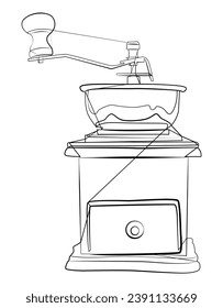 Coffee grinder. Continuous drawing of the coffee cup line. Continuous lines, coffee, latte, hand-drawn, simple lines. Linear art cup for hot drink. A hand-drawn logo.