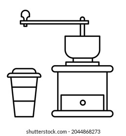 Coffee grinder and cup in a linear style.