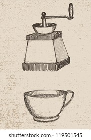 coffee grinder and coffee cup vintage background
