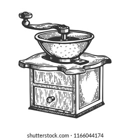 Coffee grinder engraving vector illustration. Scratch board style imitation. Black and white hand drawn image.