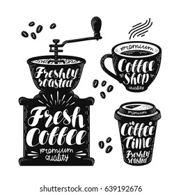 Coffee grinder, espresso label set. Cafe, hot drink, cup icon or logo. Handwritten lettering vector illustration