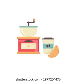 
Coffee grinder with a glass of coffee and a croissant. Vector illustration