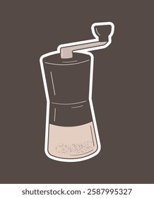 Coffee grinder grinds coffee beans, vector sticker