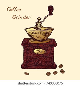 Coffee grinder, hand drawn doodle, simple sketch in pop art style, vector color illustration