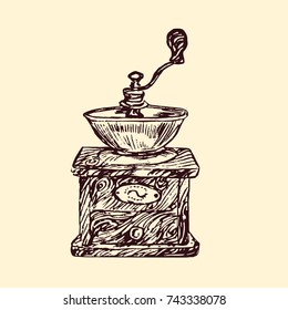 Coffee grinder, hand drawn doodle, simple sketch in pop art style, vector black and white illustration