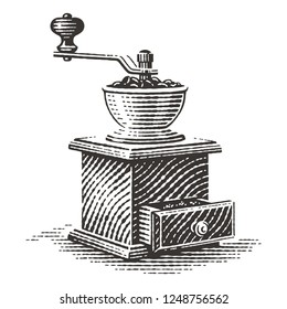 Coffee grinder. Hand drawn engraving style illustrations.