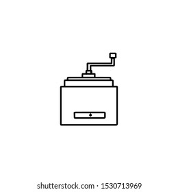Coffee grinder icon in doodle style isolated on white background. Vector illustration for design menu cafe and restaurant, flier, invitation, logo, t shirt, cup, postcard, card, coloring book. 
