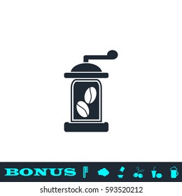 Coffee grinder icon flat. Black pictogram on white background. Vector illustration symbol and bonus button