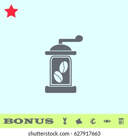 Coffee grinder icon flat. Grey pictogram on blue background. Vector illustration symbol and bonus buttons medal, cow, earth, eye, calculator