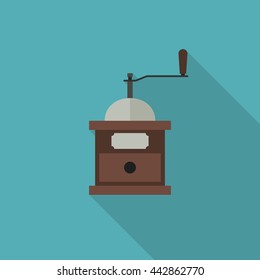 Coffee grinder icon. Flat illustration of coffee grinder with long shadow.